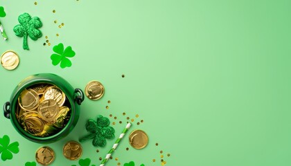 Top view of St Patrick's Day decorations, pots with gold coins, green shamrocks, straws and confetti on green background with copy space - obrazy, fototapety, plakaty