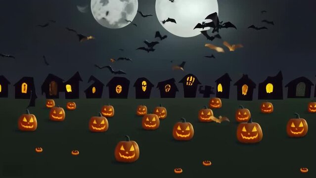 Close-up effect on flying bats, two moons, tiny houses and dozens of glowing vines., a Halloween illustrated animated spooky short movie.