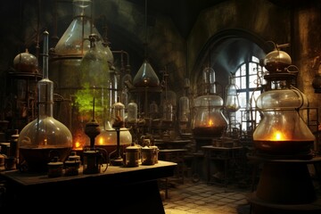 Fototapeta na wymiar Mystical wizard laboratory. Magic lab ancient. Generate Ai