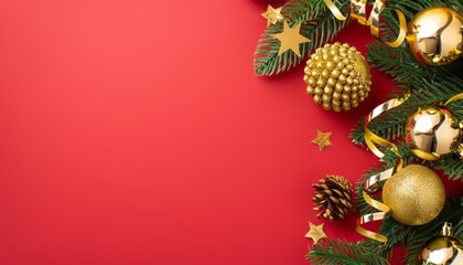 Top view of golden christmas tree balls pine cones glowing stars and gold serpentine on pine branches on red background with copy space
