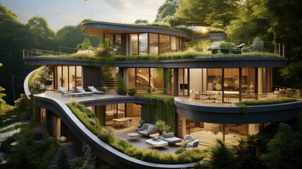 Fototapeta na wymiar ultra modern architect villa lots of green plants. ECO friendly living