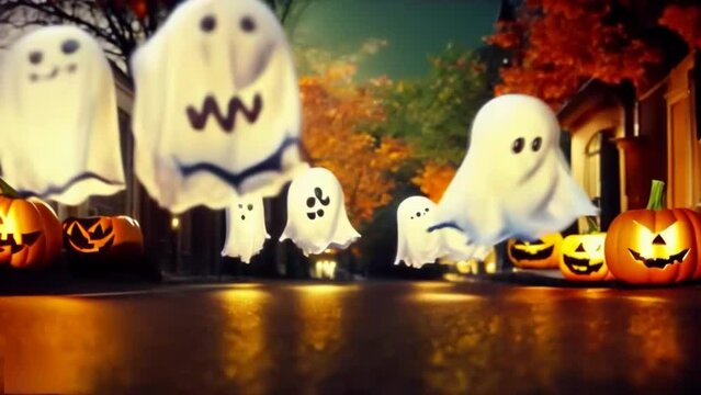 Slow flying ghosts around glowing pumpkins suburban houses, a Halloween illustrated animated spooky short movie.