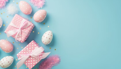 Top view of easter decorations, feathers, two pink gift boxes with polka dot pattern pink and white easter eggs on blue background with copy space