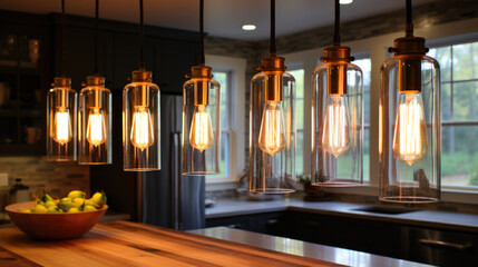 Lamps hang from the ceiling over a table in the kitchen or dining room - obrazy, fototapety, plakaty