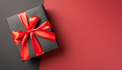 Top view of black giftbox with red ribbon on two color red and black background with copy space - obrazy, fototapety, plakaty