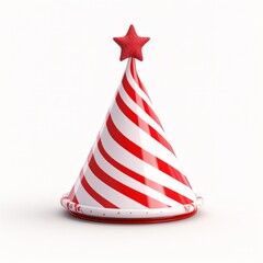 Amidst the festive scene of christmas trees and sugary confections, a vibrant red and white striped party hat adorned with a sparkling star invites all to indulge in the joyous celebration