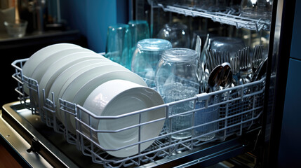 Open dishwasher with washed dishes in it