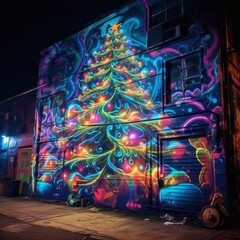 A sparkling masterpiece of holiday spirit, this towering outdoor tree of lights illuminates the night with its festive glow, a stunning display of christmas magic in the heart of the city streets