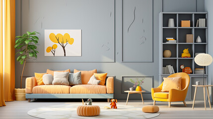 bright room with a bright orange couch