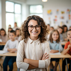 Portrait of smiling teacher in a class at elementary school looking at camera with learning students on background , Generative AI