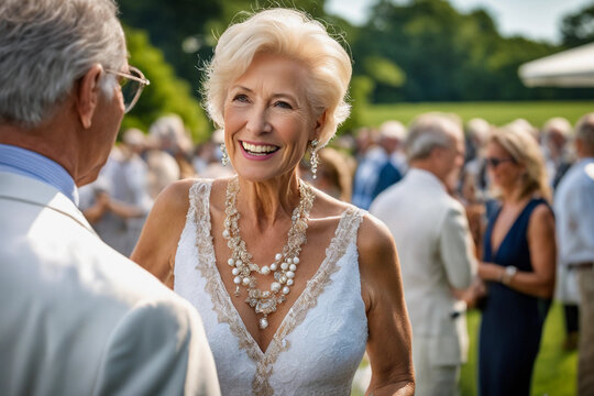 A socialite talking to a friend at a garden party at The Hamptons. An elegant dressed middle-age woman socializing at an outdoor event. A hostess chatting with guest at a social gathering.