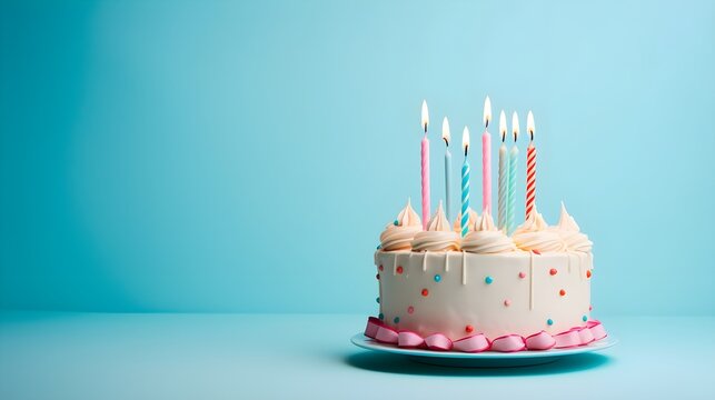 birthday cake with candles, birthday cake with candles on pastel blue background