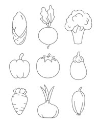 Fresh vegetables. Healthy food and harvest. Coloring Page. Tomato, carrot, broccoli, cucumber and other. Hand drawn style. Vector drawing. Collection of design elements.