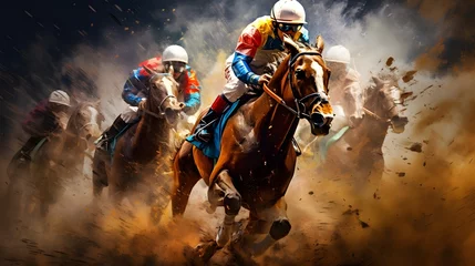 Deurstickers Jockeys on their horses during horse racing, Horse racing, Jockeys fight to take the lead in the last curve, rider on the horse © Sajjad-Farooq-Baloch
