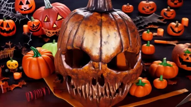 Pumpkin head and many small gouged pumpkins and spider webs, a Halloween illustrated, animated spooky short film.
