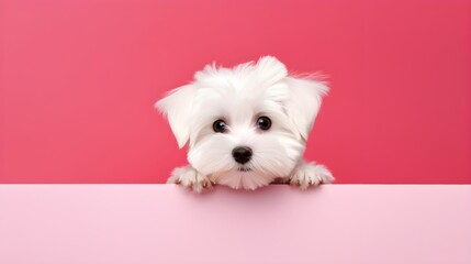 white terrier puppy, maltese dog holding a white blank paper or placard, isolated on pink background - obrazy, fototapety, plakaty