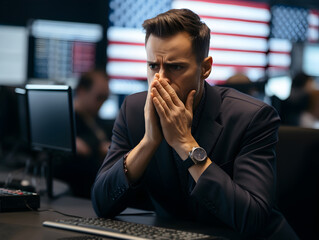 Trading man in suit stressed from the crash on stock market. - obrazy, fototapety, plakaty