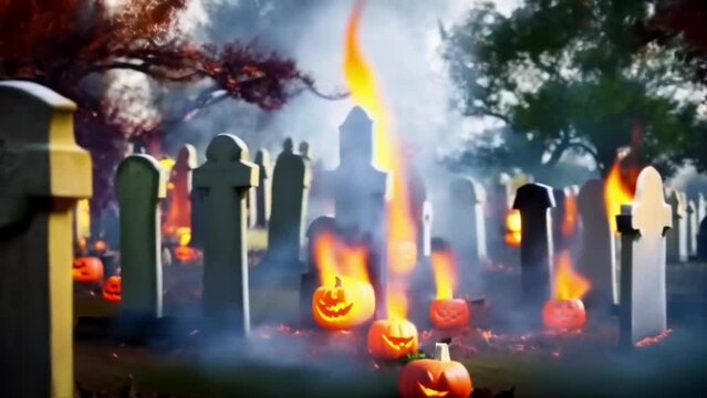 Flames of fire, tombstones and pumpkins, a Halloween illustrated animated spooky short movie.