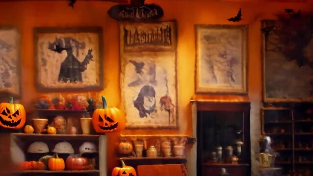 The dark interior of a house with concoctions, pumpkins and all sorts of mysterious objects, a Halloween illustrated, animated spooky short film.