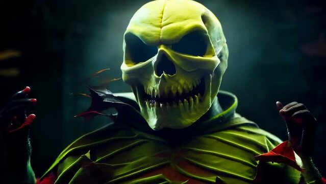 Big, green, aggressive sinister skeleton, a Halloween illustrated animated spooky short movie.