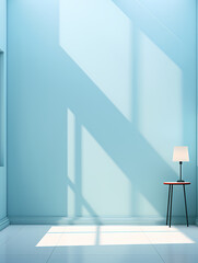 A Blue Wall With A Table And A Lamp