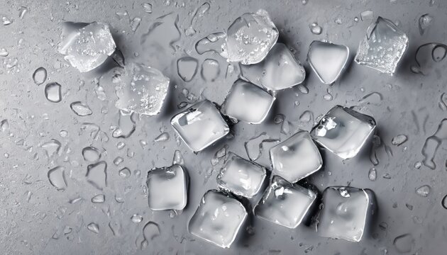 Top view of ice cubes on grey background with water drops