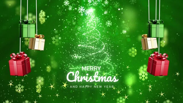 Greeting card christmas and happy new year holiday festive with snowflake particles lights glitter decorated. Christmas tree with gift boxes celebration gold luxury design video background.