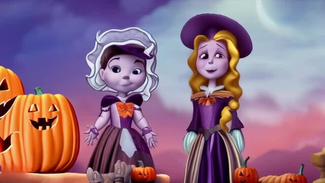 Two dark characters around pumpkins, a Halloween illustrated, animated spooky short film.