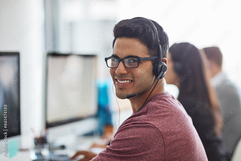 Poster man, office and call center portrait for customer service, e commerce sales and telemarketing commun