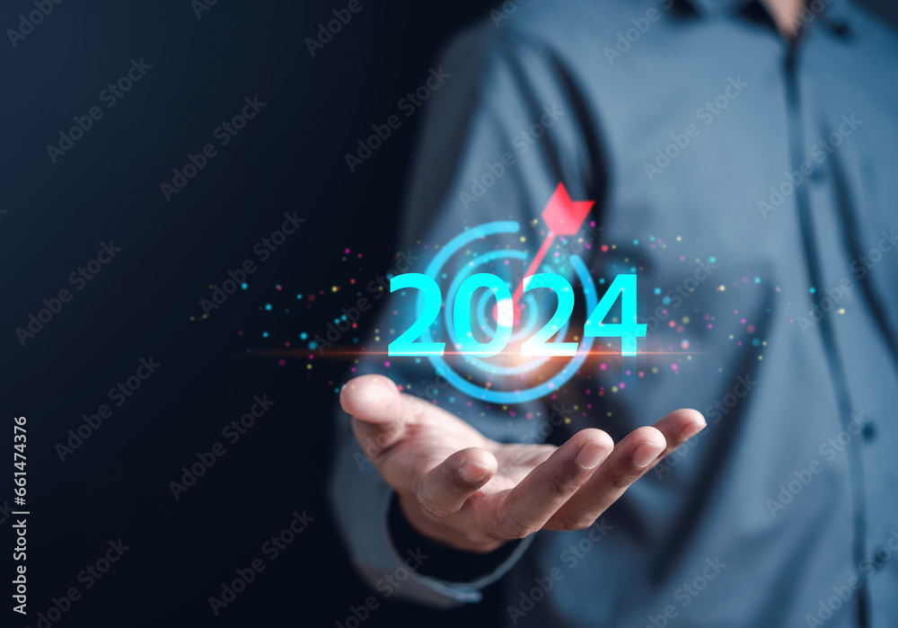 Aufkleber happy new year 2024 target objective goal. countdown merry christmas and happy new year, planning an