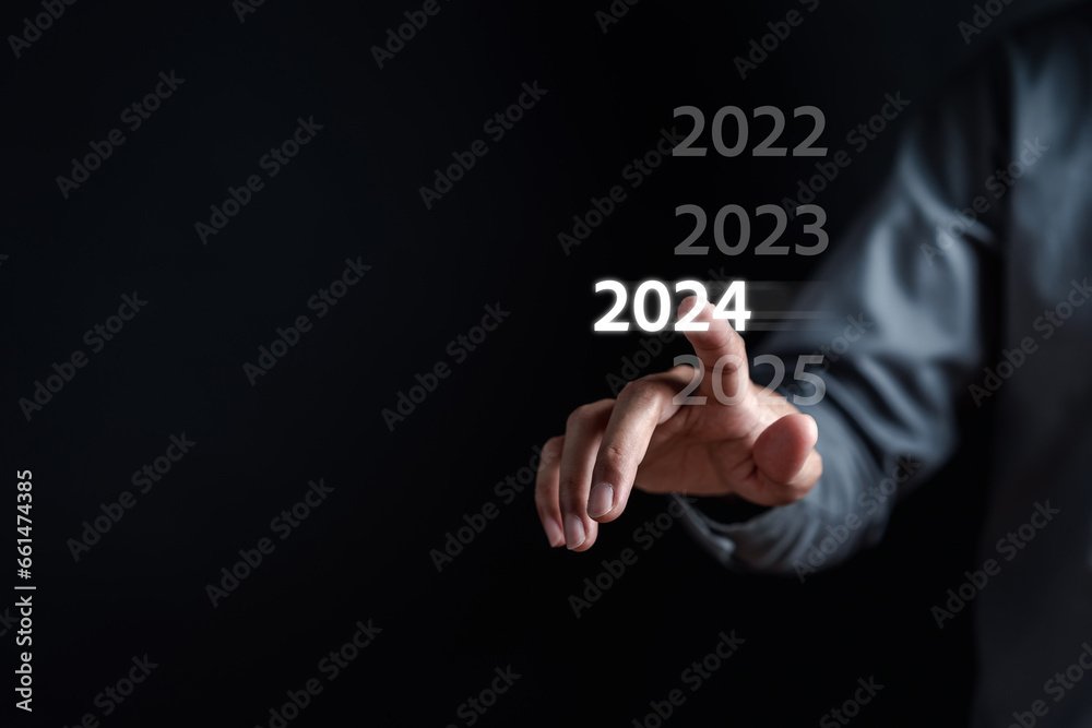 Poster Selective Starting Happy New year 2024 and countdown merry christmas and happy new year, Planning and challenge strategy in new year 2024 Concept.