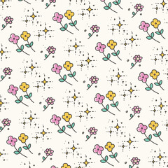 Seamless pattern with cute flowers, stars and ornaments
