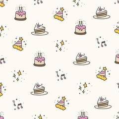 Birthday seamless pattern with cake and candles. Hand drawn vector illustration
