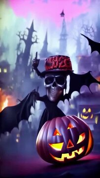 A dark monster, a creature with a silver skull and Glowing Pumpkins in the back of a castle, a Halloween illustrated animated spooky short movie.