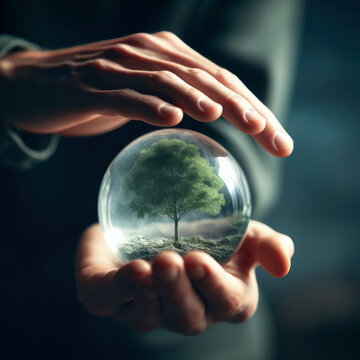 Human hand holding glass ball with tree inside. Environment conservation concept.