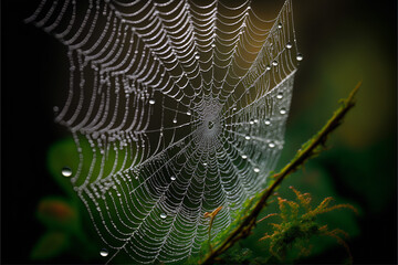 Spider web with dew drops, early morning, beautiful dawn.