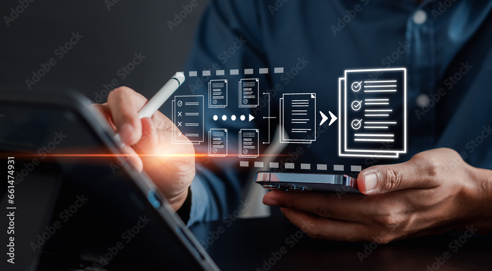 Poster Online survey filling out and digital form checklist by laptop computer, Document Management Checking System, online documentation database and process manage files...