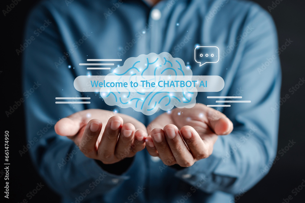 Poster User using chat ai smart robot system intelligence Ai. Chat with AI Artificial Intelligence, developed and generate. Futuristic technology, robot in online system..