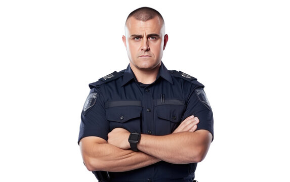 Confident Male Police Officer Exudes Authority with Folded Arms Pose Isolated on a Transparent Background PNG.
