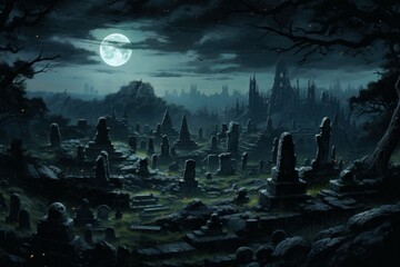 Shadowy ancient graveyard night. Cemetery zombie. Generate Ai