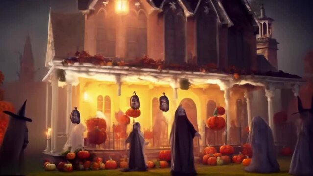 Dancing ghosts and witches in the background. A dark mansion with pumpkins., a Halloween illustrated, animated spooky short film.