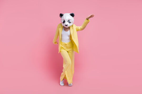 Full size photo of overjoyed 3d panda mask elegant girl have good mood dancing isolated on pink color background