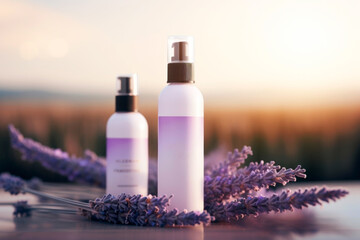 Obraz na płótnie Canvas Cosmetics. Mock-up bottle. Natural cosmetics with lavender flowers. Useful medications. Care product. 
