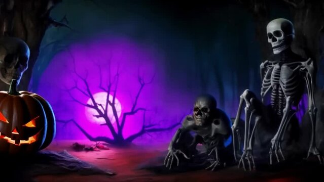 Two slow-moving skeletons glowing pumpkin, human skull, dry trees, a Halloween illustrated animated spooky short movie.