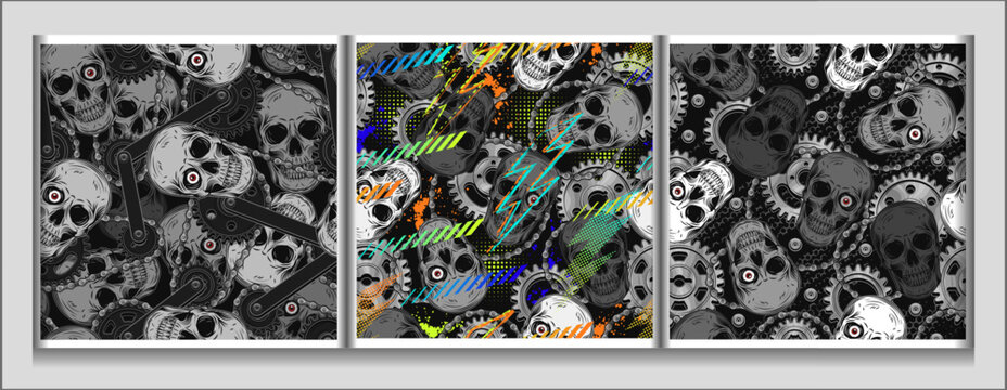 Black camouflage patterns with mechanism with gears, bike chain, human skull with single red eye. Dark scary gothic illustration in steampunk style. For apparel, fabric, textile, sport goods.
