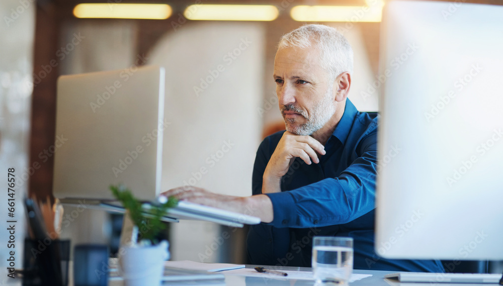 Poster business, thinking and senior man with a laptop, internet and solution with problem solving, connect