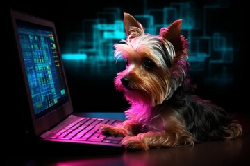 Yorkshire Terrier Dog programmer. Dog Yorkshire Terrier developer. Horizontal Banner Poster Background for web. Photo AI Generated