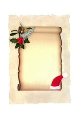 Christmas letter to santa paper scroll on parchment and white background with santa hat holly mistletoe ivy and fir. Old fashioned retro Xmas design for Christmas Eve.