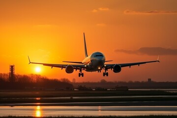 Fototapeta premium Aircraft departing during sunset in the Netherlands. Common travel scene. Generative AI