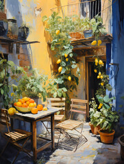 A Table And Chairs In A Courtyard With Fruit